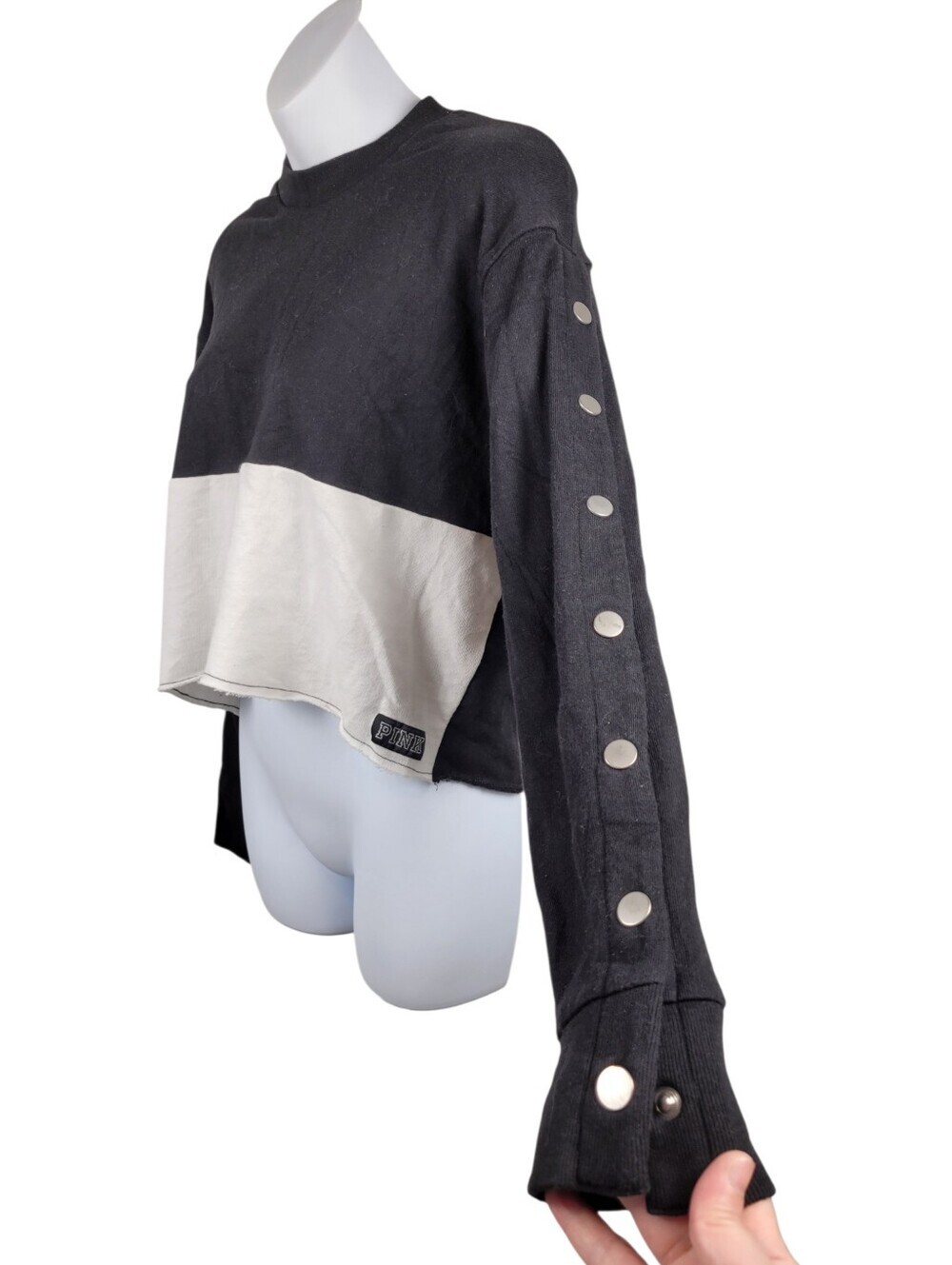 PINK Victoria's Secret Black & White Bottons Sleeves Sweatshirt Cropped Size: S